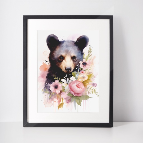 Watercolor Floral Black Bear Portrait Wall Art Illustration Print Unframed - Picture 3 of 5